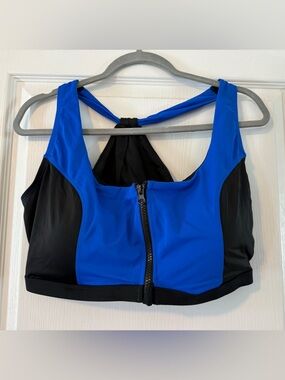 Swimsuits For All Blue and Black Front Zip Swim Top Size 20